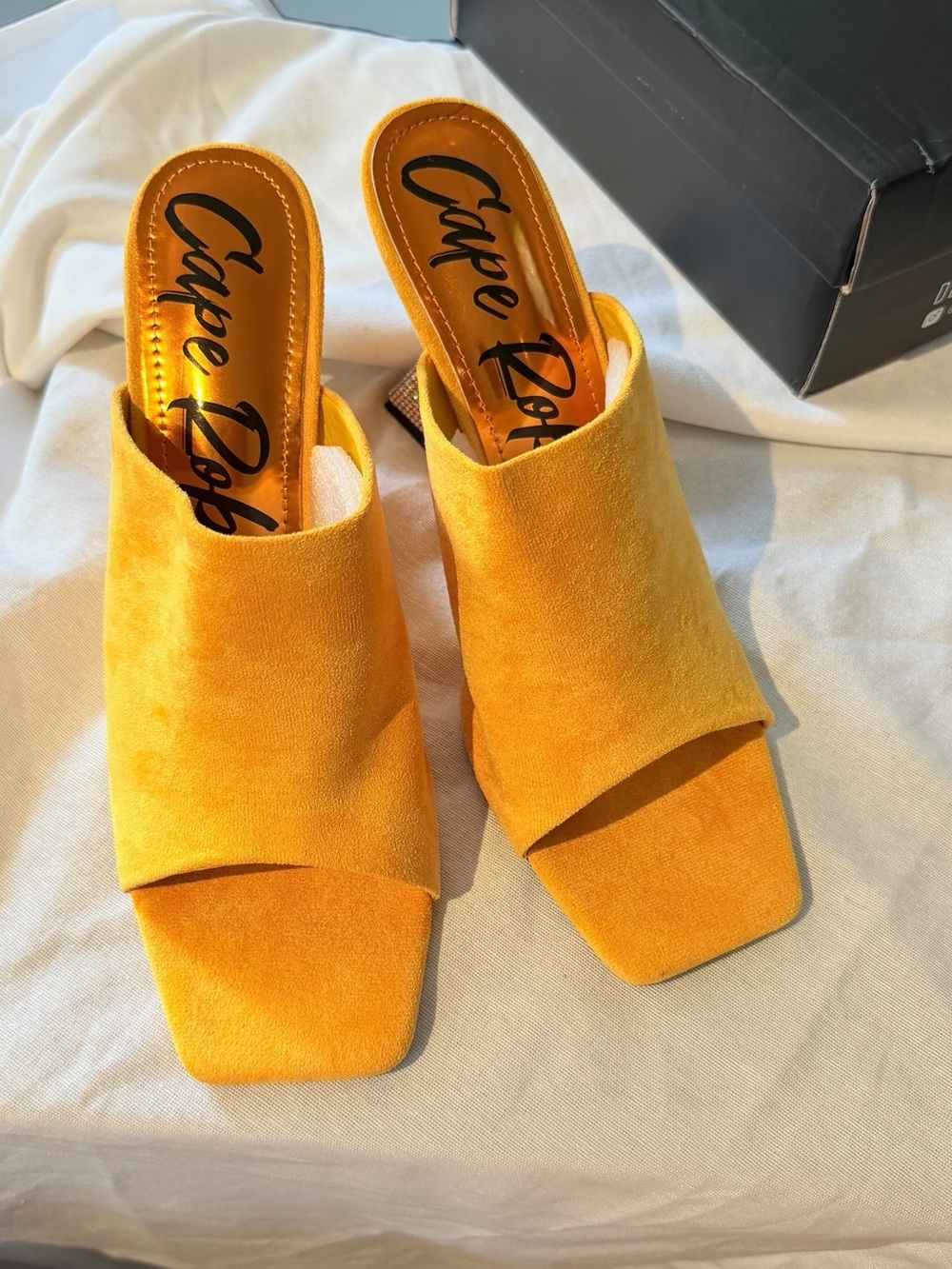 Cape Robbin Orange Yellow Suede Open-Toe Mules with Embellished Block Heel - Picture 9 of 13